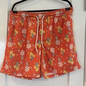 Mens Novelty Print Swim Trunks Orange Floral Flower Mushrooms L Large 36 37 38